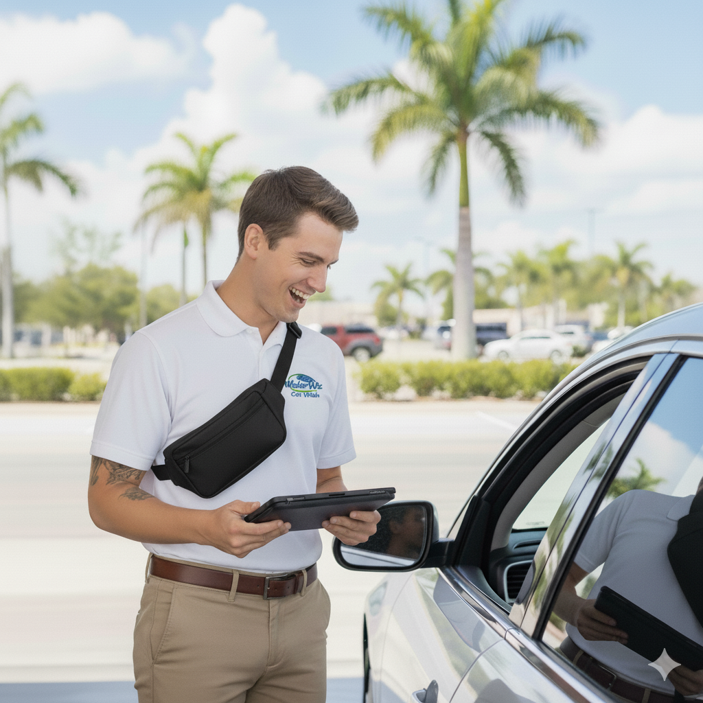 Car wash attendant using FlexWash tablet with customer