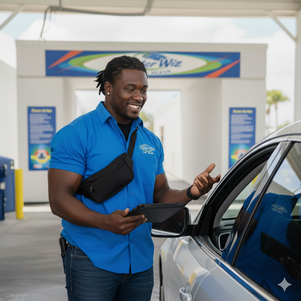 Car wash attendant with tablet speaking to customer at WaterWize Car Wash