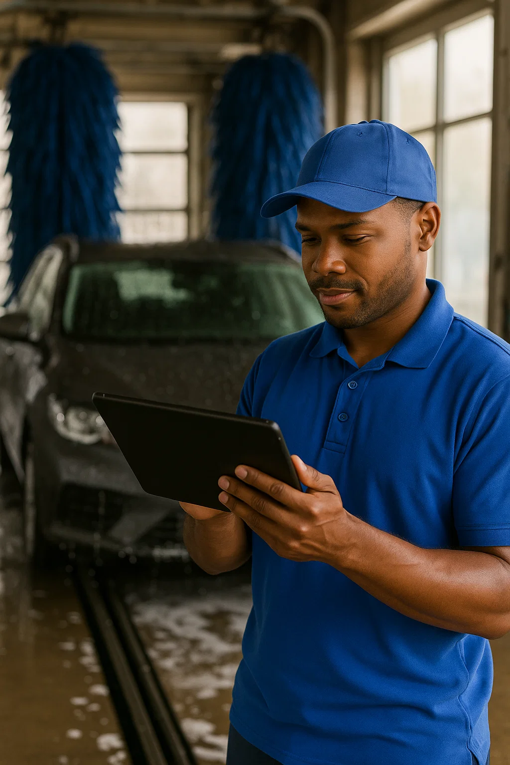 Car wash manager using tablet POS system for employee performance tracking and business analytics