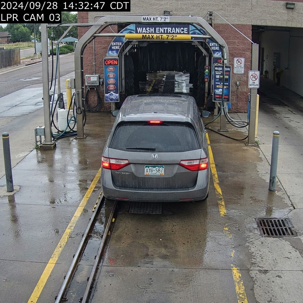 Overhead lane-camera view of a decorative illustrated plate on a gray minivan in a FlexWash lane