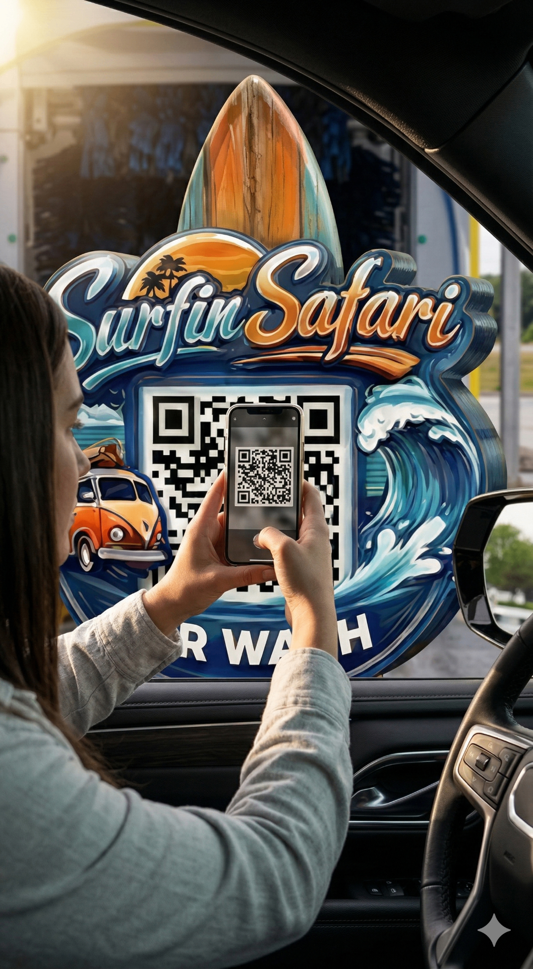 Customer scanning QR code at car wash entry point using smartphone camera